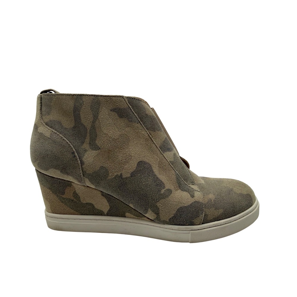 Linea Paolo Wedge Sneaker Booties Womens 8.5 Green Camo Excellent Zip Up